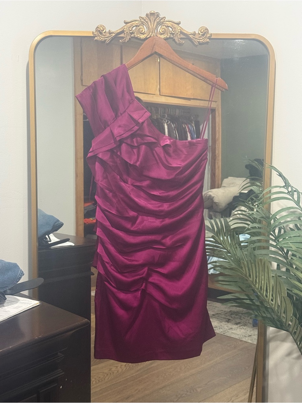 Express  One-Shoulder Ruched Magenta Cocktail Dress